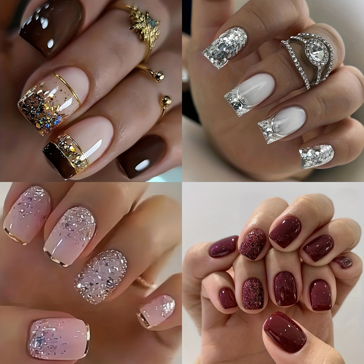 TEMU 96pcs Faux Ongles à , Design Pailleté, Dégradé, Ongles Artificiels Multicolores à Pression, Mignons, Brillants, Ongles de Mariage, Ongles Faux,