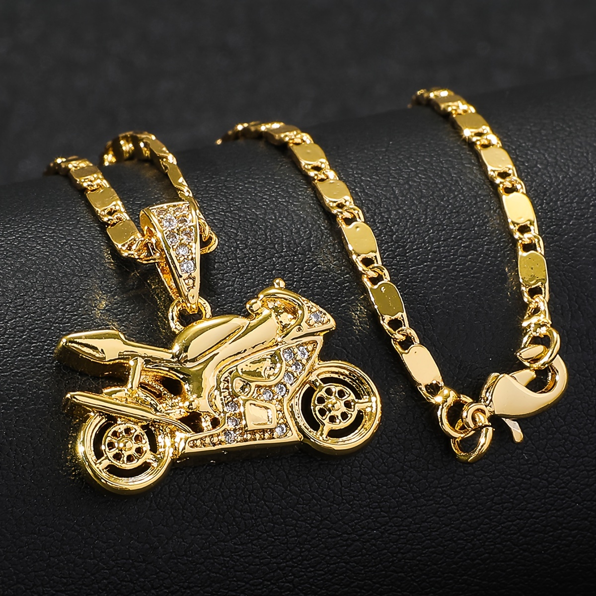 TEMU 1pc/3pcs Fashionable Hip-hop Style Men's Golden Copper Inlaid Synthetic Synthetic Zircon​​ Three-dimensional Motorcycle Model Pendant Necklace
