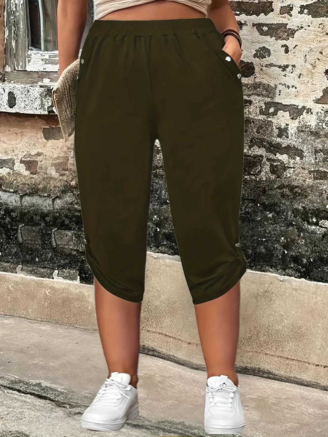 Casual Women Low Waist Solid Color Jogger Capri Pants with Pocket