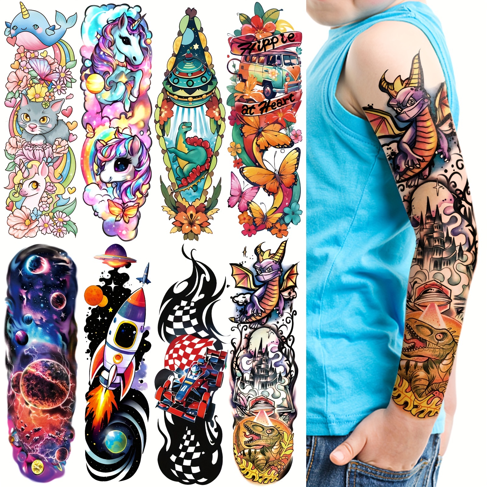 

52 Sheets Anime Temporary Tattoo For Boys And Girls, Full Arm Butterfly Cat Truck Dinosaur Rocket Cute Animal Body Face Fake Tattoos, Tiny Tattoo Stickers Birthday Gifts Party Decorations