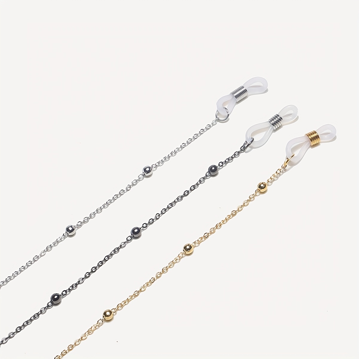 TEMU Ensemble de 3 chaînes de lunettes avec clips et perles en doré, argenté et noir