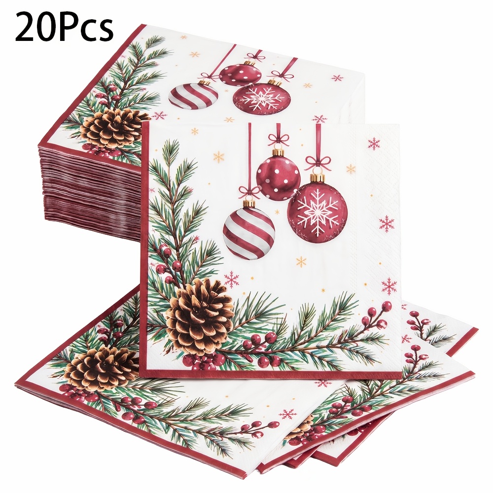 TEMU 20-60pcs, Ornament Disposable Paper Napkins, 2-ply, 6.5 X 6.5 Inch Xmas Bauble Pine Cone Snowflake Print Paper Tissues For Christmas Dinner, ,