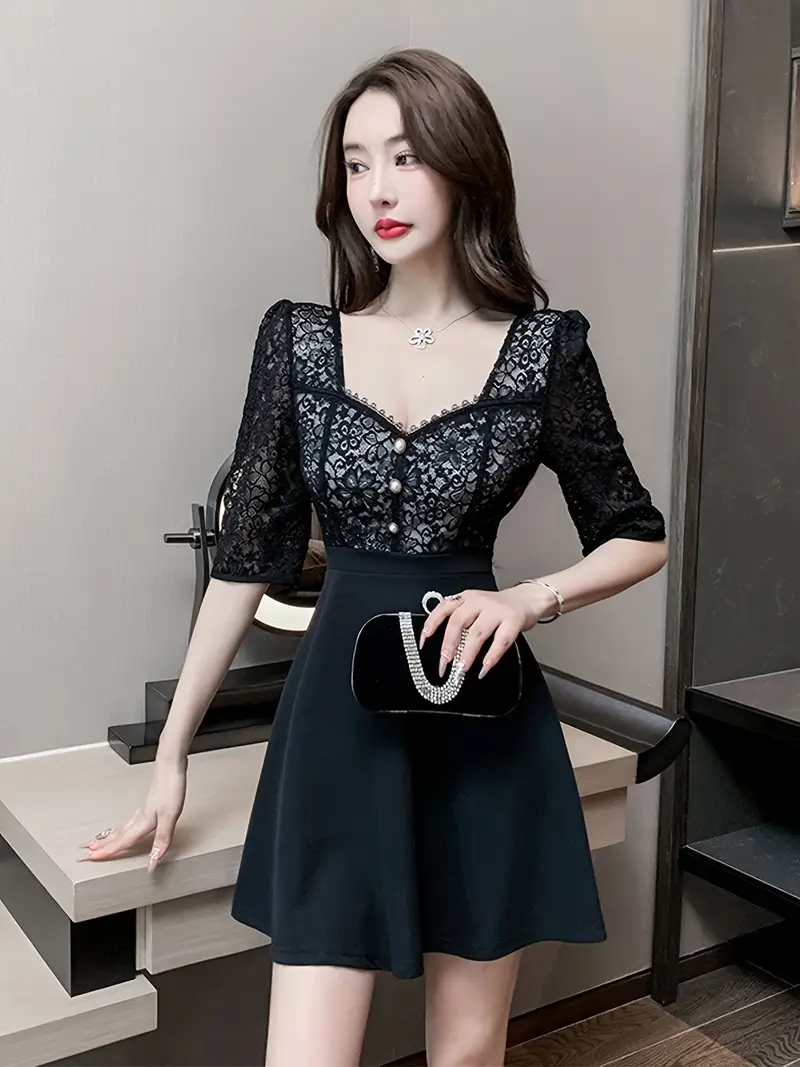 Women's lace dress - *-fit A-line evening dress for spring, summer and autumn, machine washable, formal occasions, fashionable wear, exquisite texture, close-fitting top, trend lovers Women's lace dress - *-fit A-line evening dress for spring, summer and autumn, machine washable, formal occasions, fashionable wear, exquisite texture, close-fitting top, trend lovers