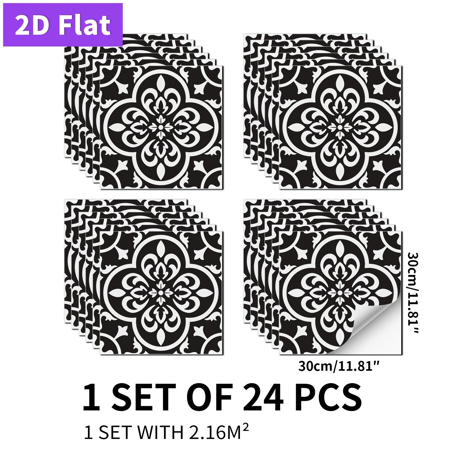 TEMU [2d Flat] 24pcs Vintage Tile Stickers - Peel And Stick, Waterproof Vinyl Floor And Wall Decals, Suitable For Decoration In Kitchen, Living Room,