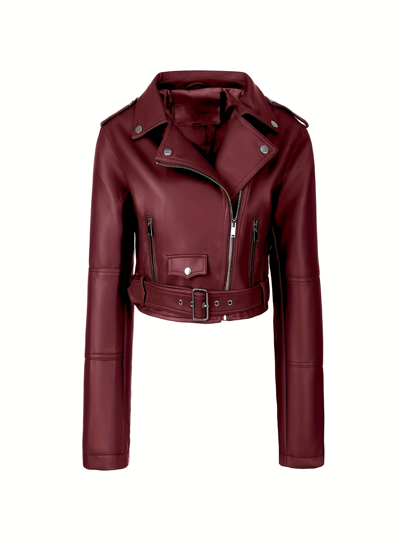 womens burgundy biker jacket chic motorcycle jacket zipper Temu