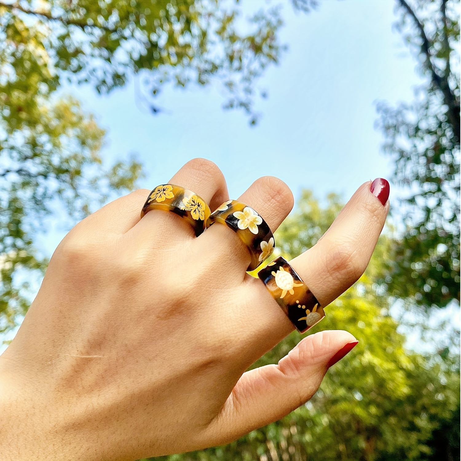 3pcs Hawaiian Tropical Flower Animal Printed Open Ring Set