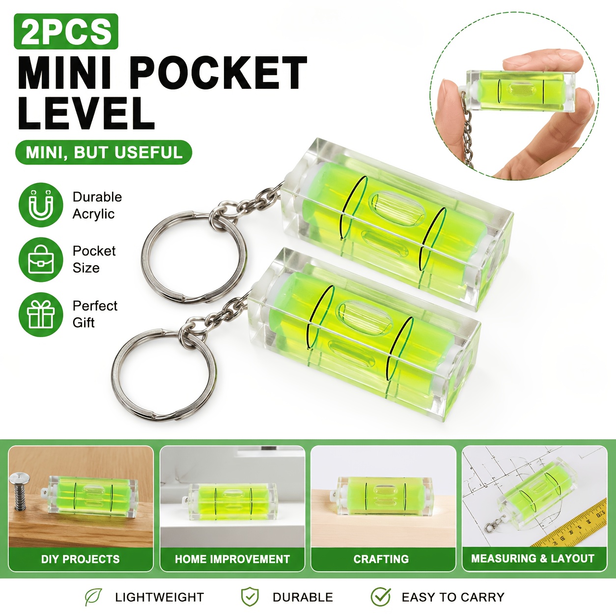 TEMU 2pcs Mini Pocket Levels - Portable Acrylic Measuring & Layout Tools, Green - Ideal Gift For Enthusiasts