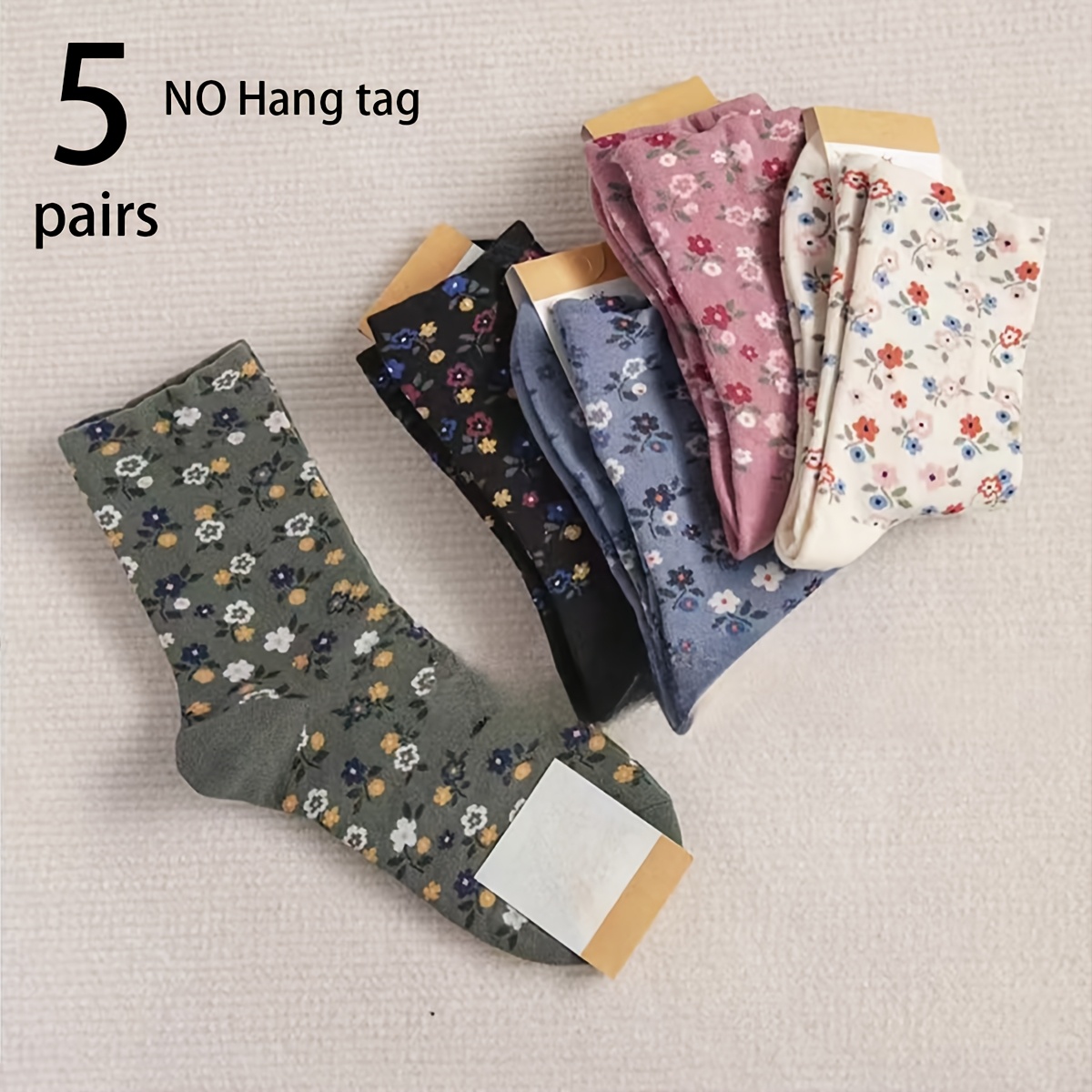 

5 Pairs Women's Floral Knee-high Socks - Polyester 97%, Spandex 3% , Vintage Style Fashion Knit Fabric, Hand Washable, No Tag