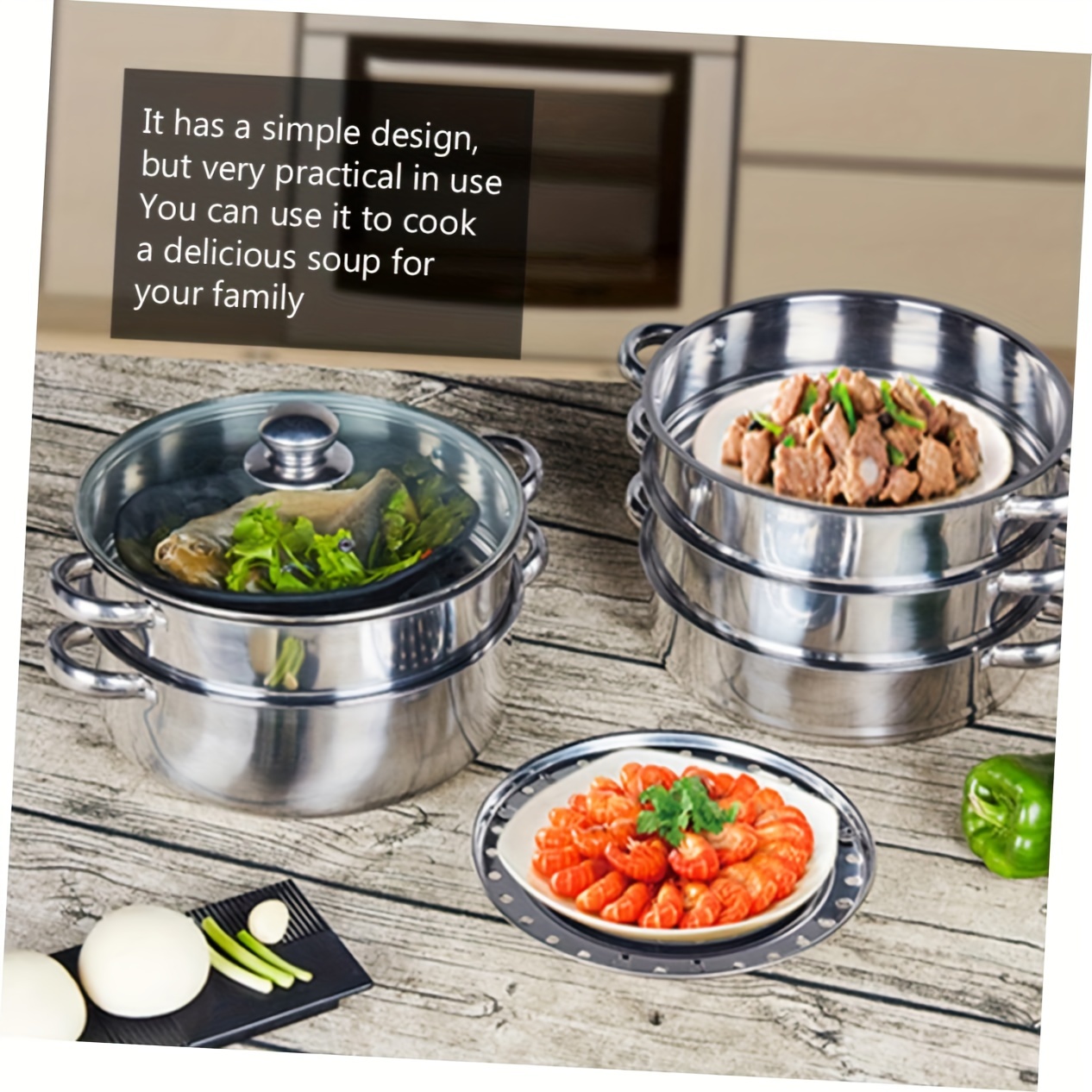 1 set stainless steel multi layer cookware non stick finish   with bakelite handles and   glass lid   stackable kitchen pots and pans set details 9