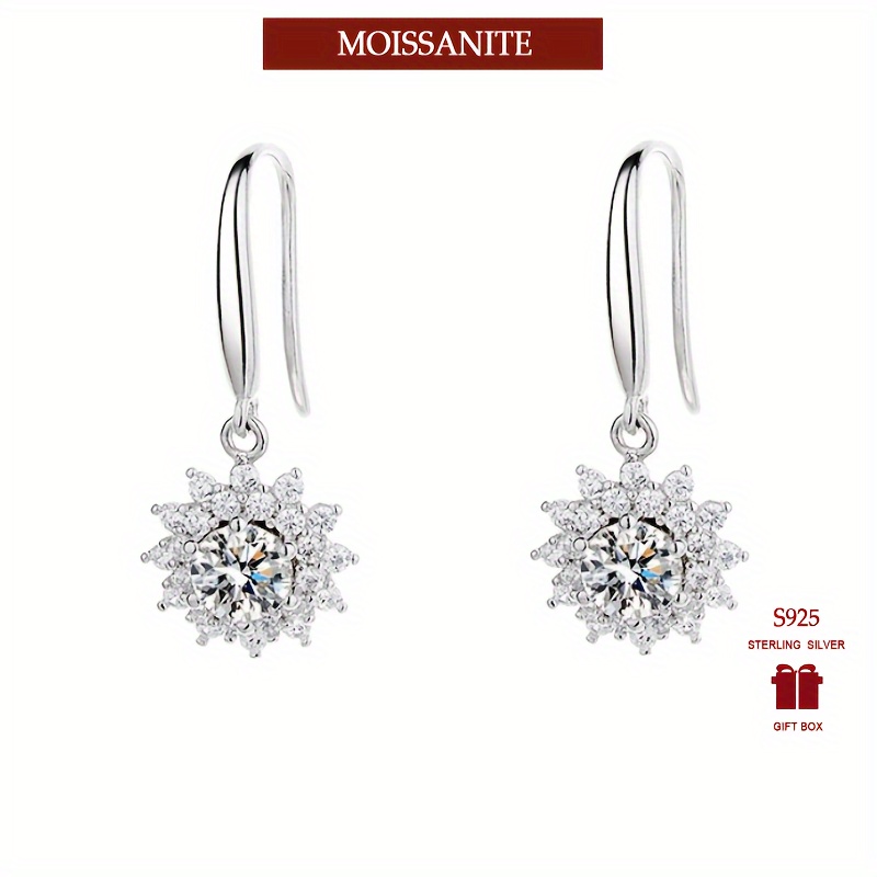 

925 Sterling Silver Drop Earrings Plated Inlaid Moissanite Sparkling Sunflower Design Hypoallergenic Jewelry Gifts For Women