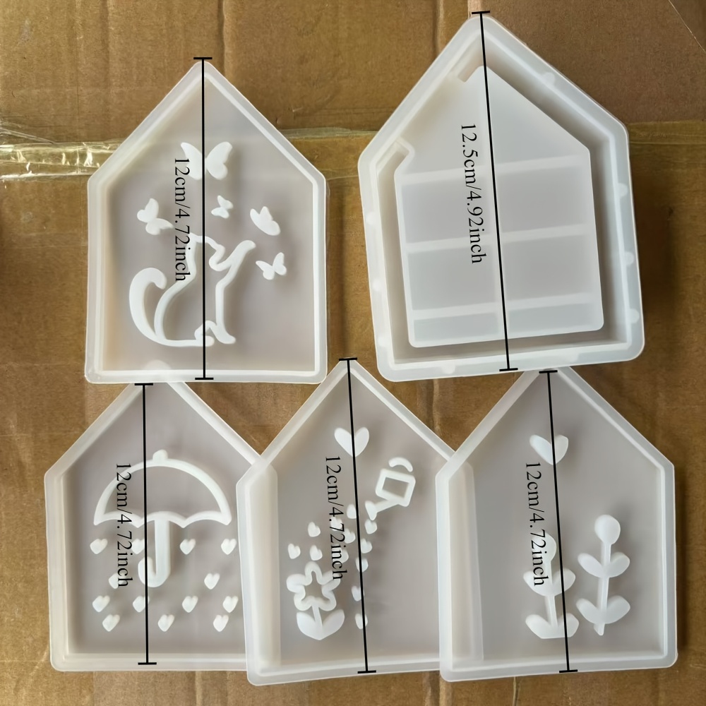 Image of Set Of 5 Silicone Molds For Candles - Create Your Own Crafts Featuring Cat, , Umbrella, Flower, And House Designs - Irregular Shapes For Home Decoration