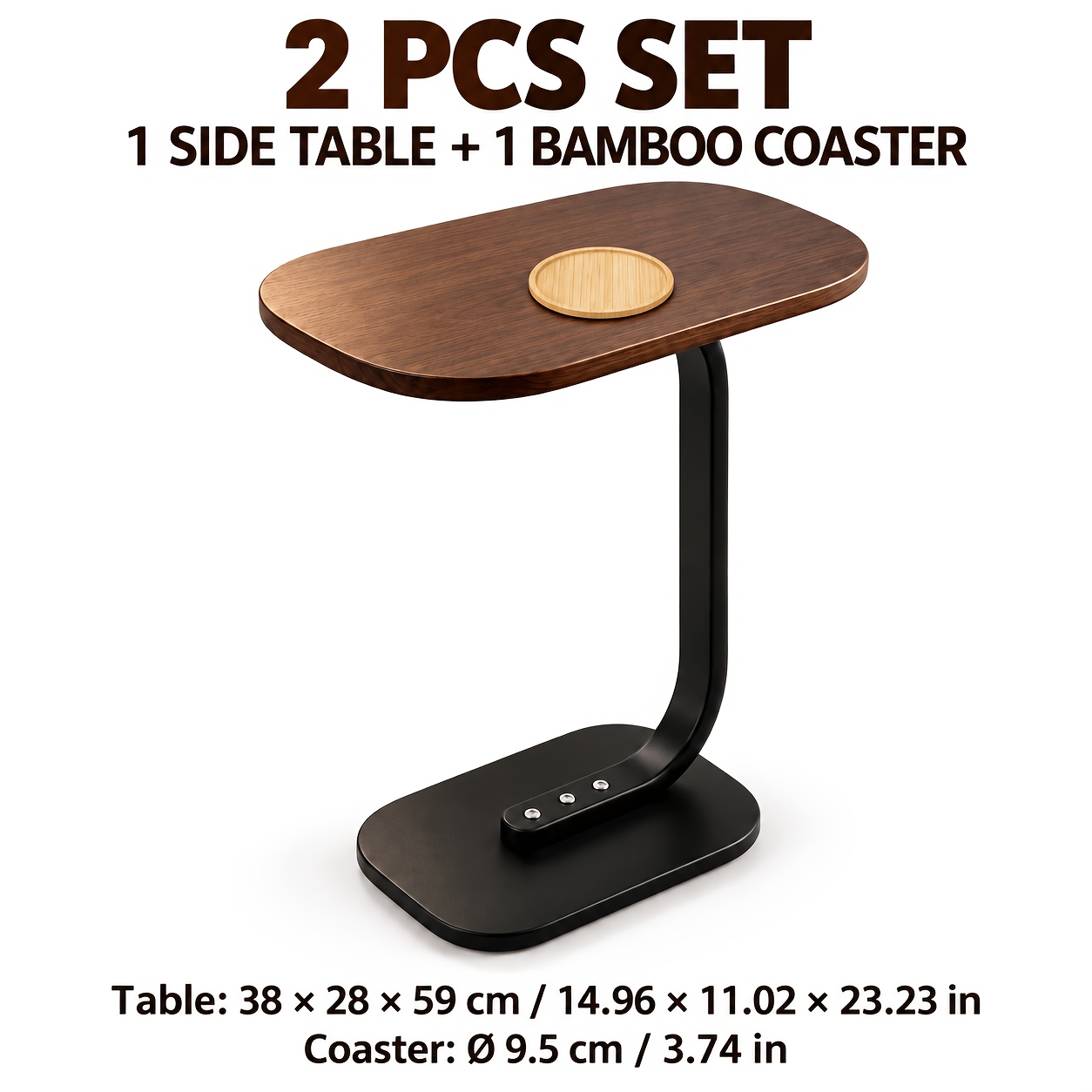 TEMU 2pcs Set: 1 Side Table + 1 Coaster, Walnut Wood Grain Lazy Side Table, Solid Wood Tabletop With Stand, Small Side Storage Table For Rooms.