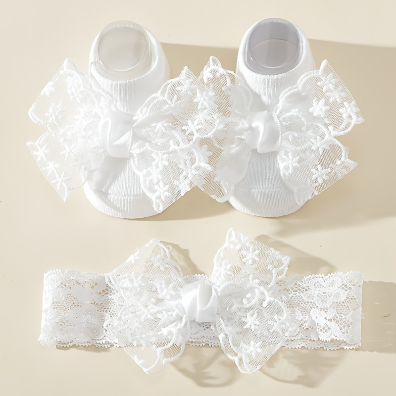 TEMU 1 Set Of Extra Large Lace Embroidered Sweet Bow Princess Boat Socks + Bow Headband, Perfect For , Festivals, And First Birthday Gifts