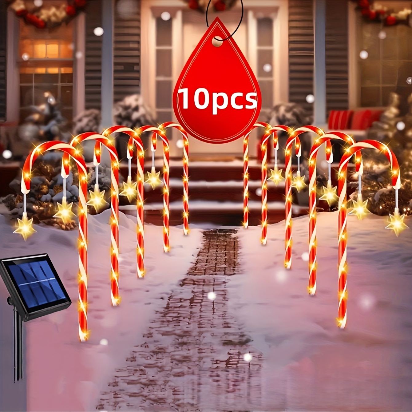 TEMU 1 Set Of 5/10 Solar-powered Star Pendant Candy Cane Lights, Solar Christmas Path Lights, Ip44 , Red And Design, Outdoor And Indoor Lawn, Yard,