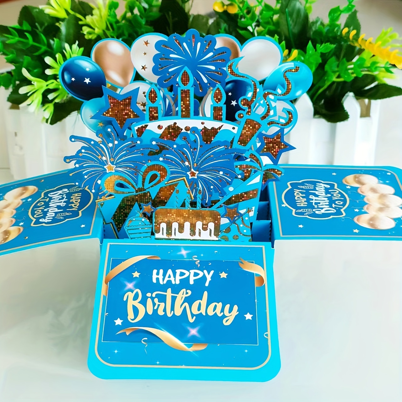 

3d Pop-up Birthday Greeting Card Box With Blue Hot Stamping - Handwritten Paper Carving Design For Any Recipient - Unique Festive Creative Holiday Gift Idea