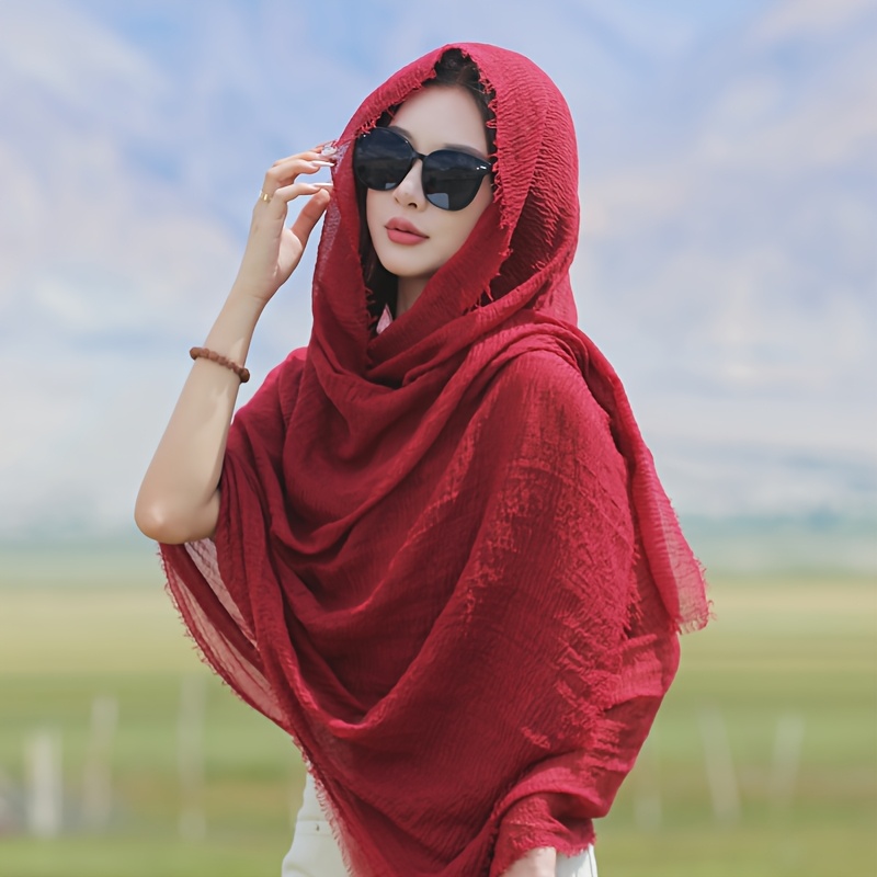 TEMU 1pc Women's Large Vintage Elegant Shawl-scarf - Breathable Windproof, Beige Solid Color, Versatile Dual-use For Casual & Beach Travel, Machine