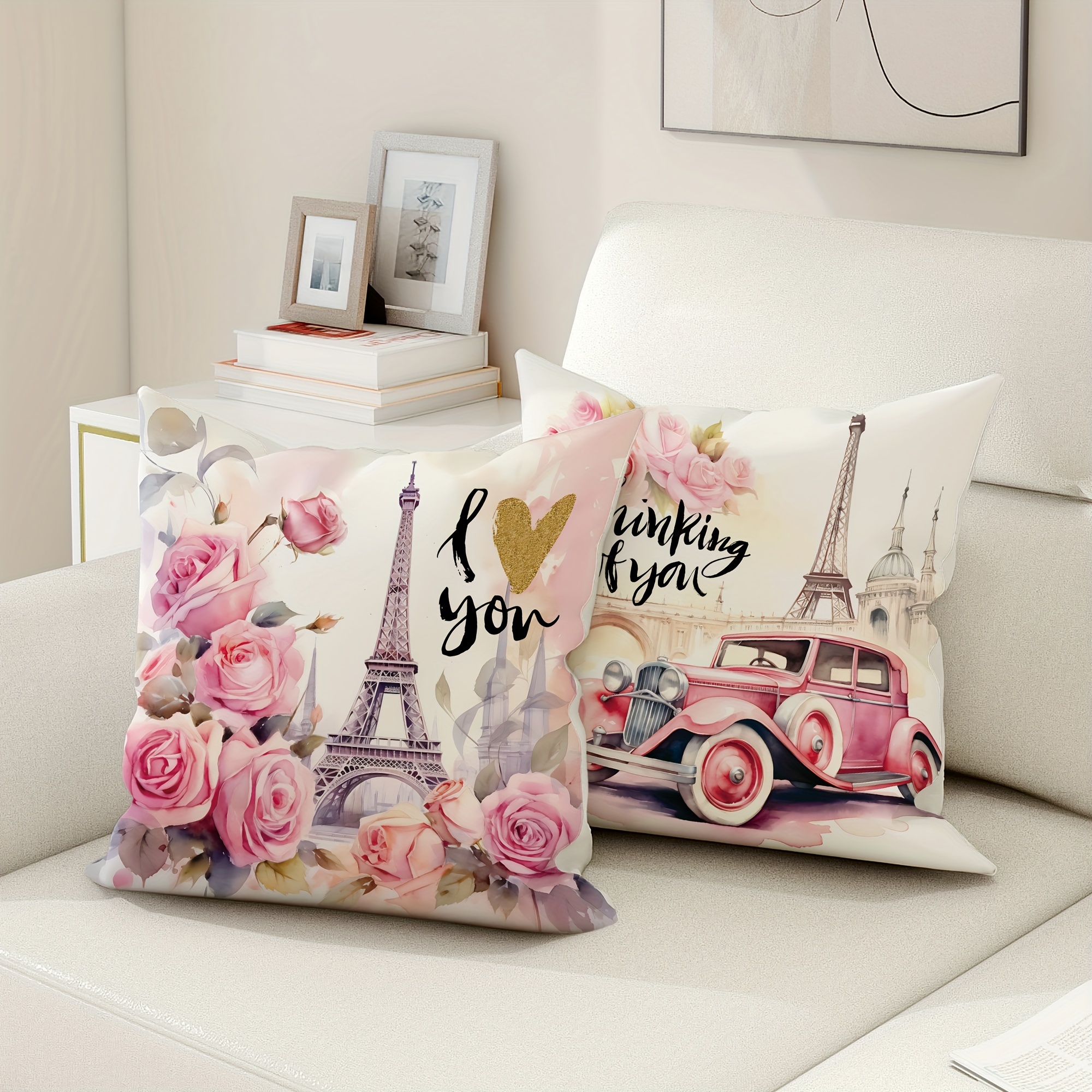

2-pack Velvet Valentine's Day Paris Tower Pink Floral Throw Pillow Covers, Contemporary Zipper Closure, Machine Washable, Woven Polyester, For Living Room Sofa Bed Decoration Gifts