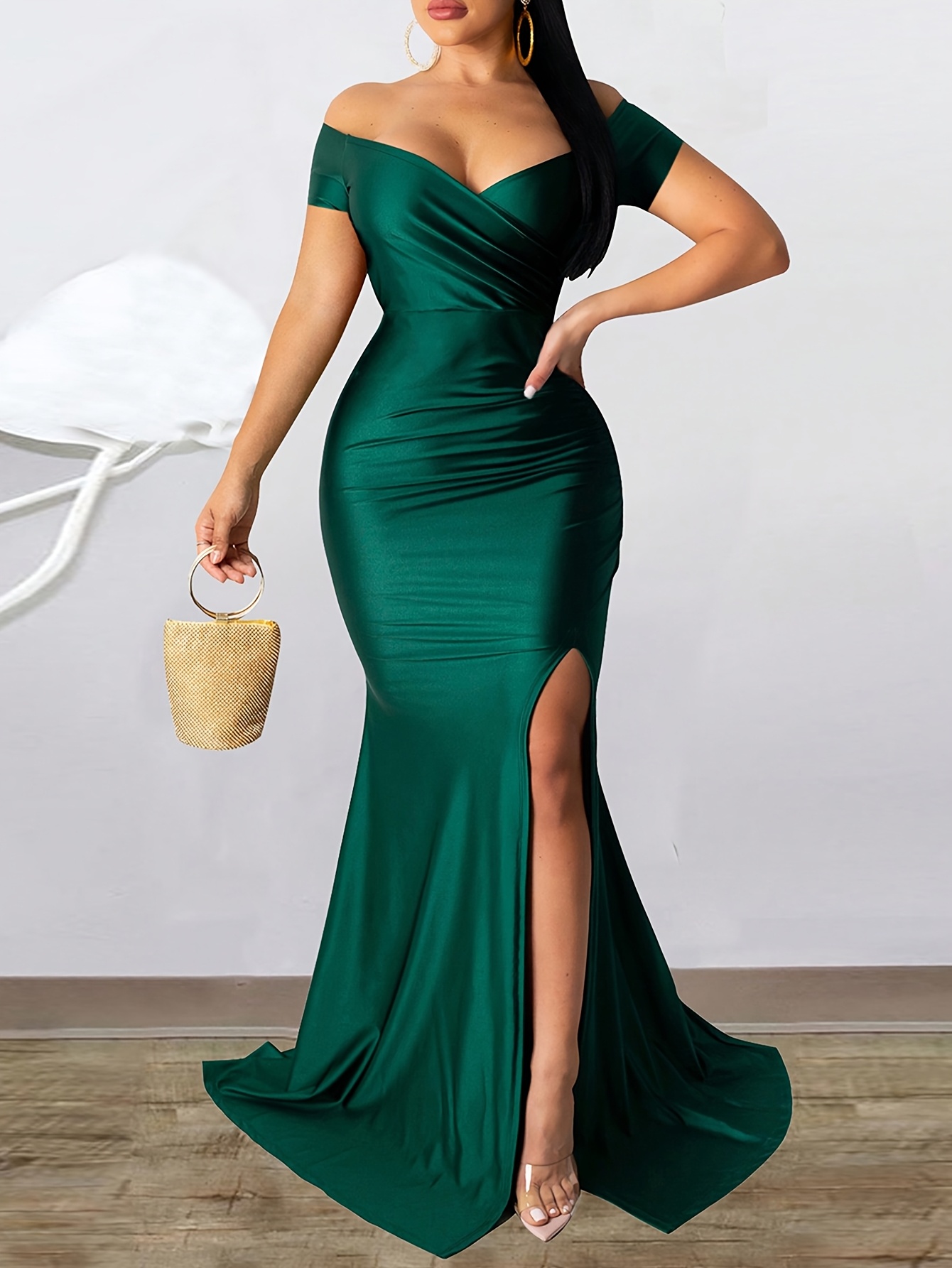 medium formal dresses Chic A-line Off-the-shoulder Unique Long Prom Dresses Formal Gowns CBD121