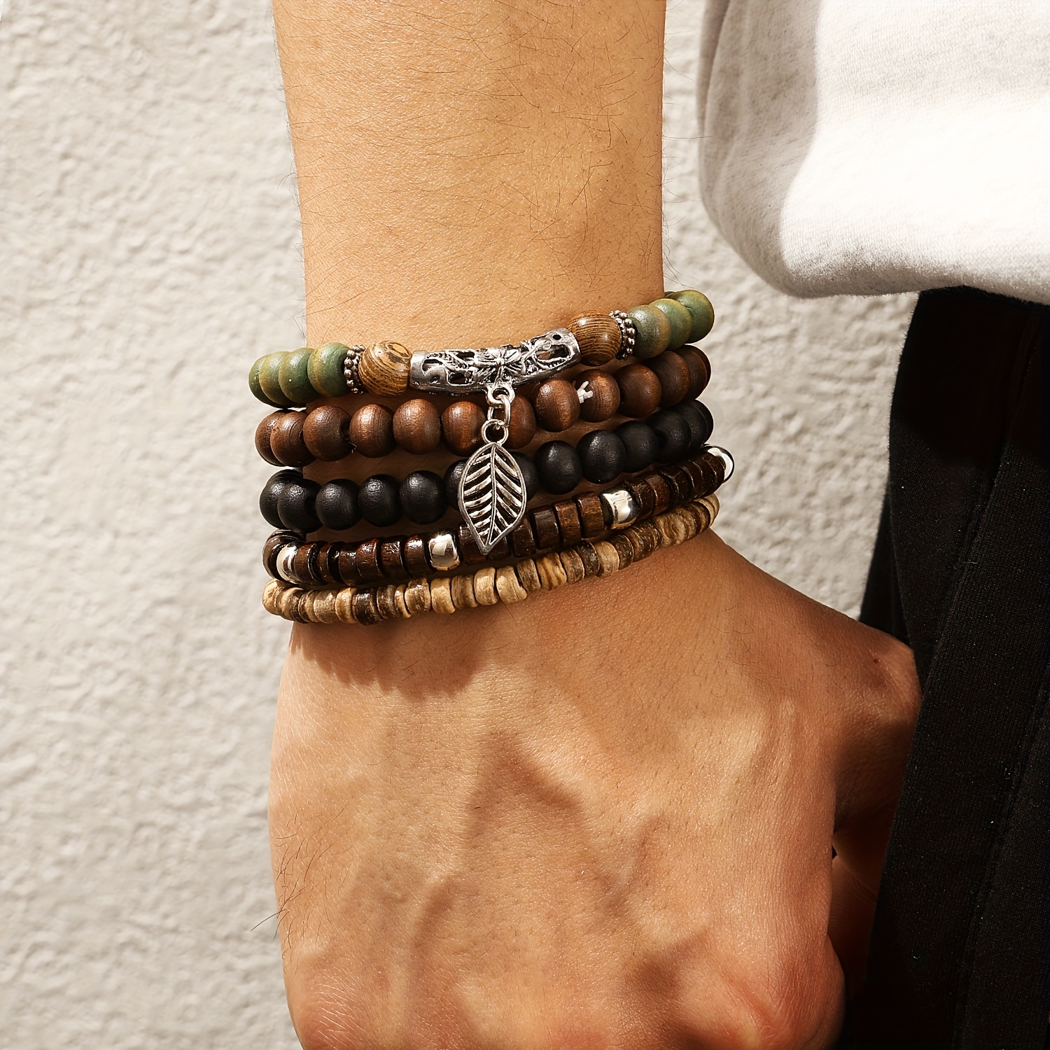 5pcs/set Of Easy Wooden Beads Coconut Shell Bracelet Set Daily Party Jewelry
