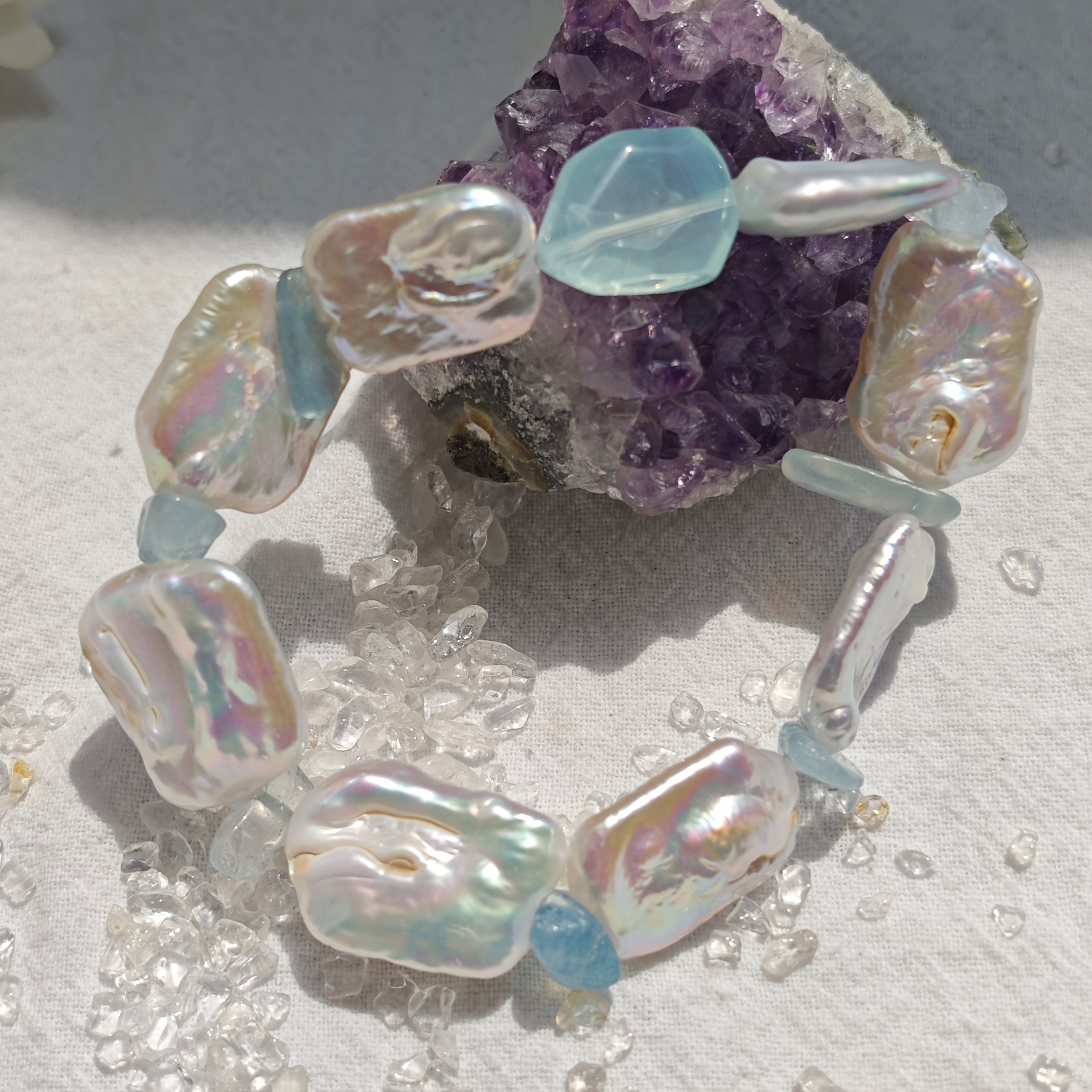 Image of Baroque With Natural Aquamarine And Peridot Elastic Band, Suitable For Daily Wear, Vacation, Birthday Gift, And Party