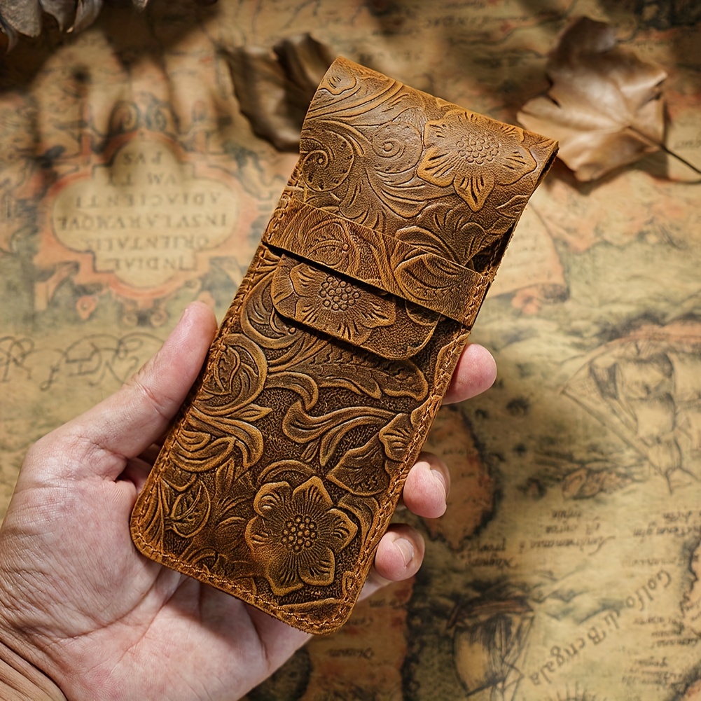 

Genuine Cowhide Leather With Floral Embossed Design, Unisex Vintage Style Pen Case For Outdoor Carrying And Stationery Storage