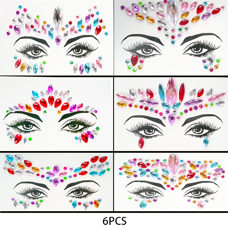 Image of 6pcs Set Of Facial Jewelry Stickers, Sparkling Rhinestone Jewelry Stickers, Mermaid Style Mixed Style Party Decoration, Facial Stickers For Holiday Decoration (color And Shape Random)