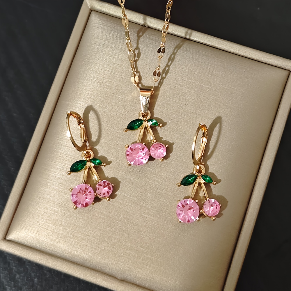1 Set Of Cute-style Pink Cherry Girl's Necklace And Earrings Set, Simple And Fashionable Fruit-shaped Design, Suitable For Daily Wear And Gifting, For Your Daughter