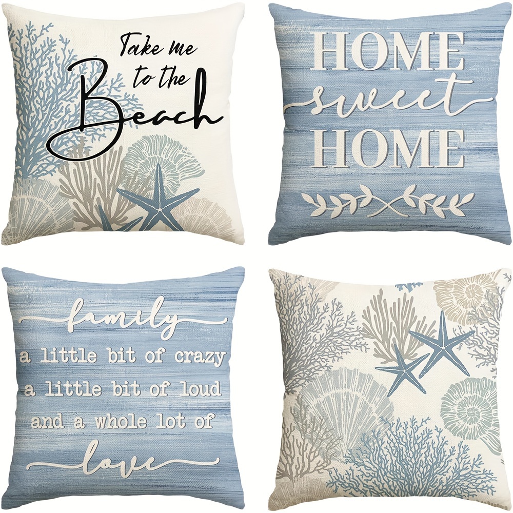 

4-pack Coastal Theme Throw Pillow Covers 18x18 Inch, Hypoallergenic Zippered Coral & Starfish Print Cushion Cases For Home & Living Room Decor, Machine Washable Contemporary Polyester Knit Fabric