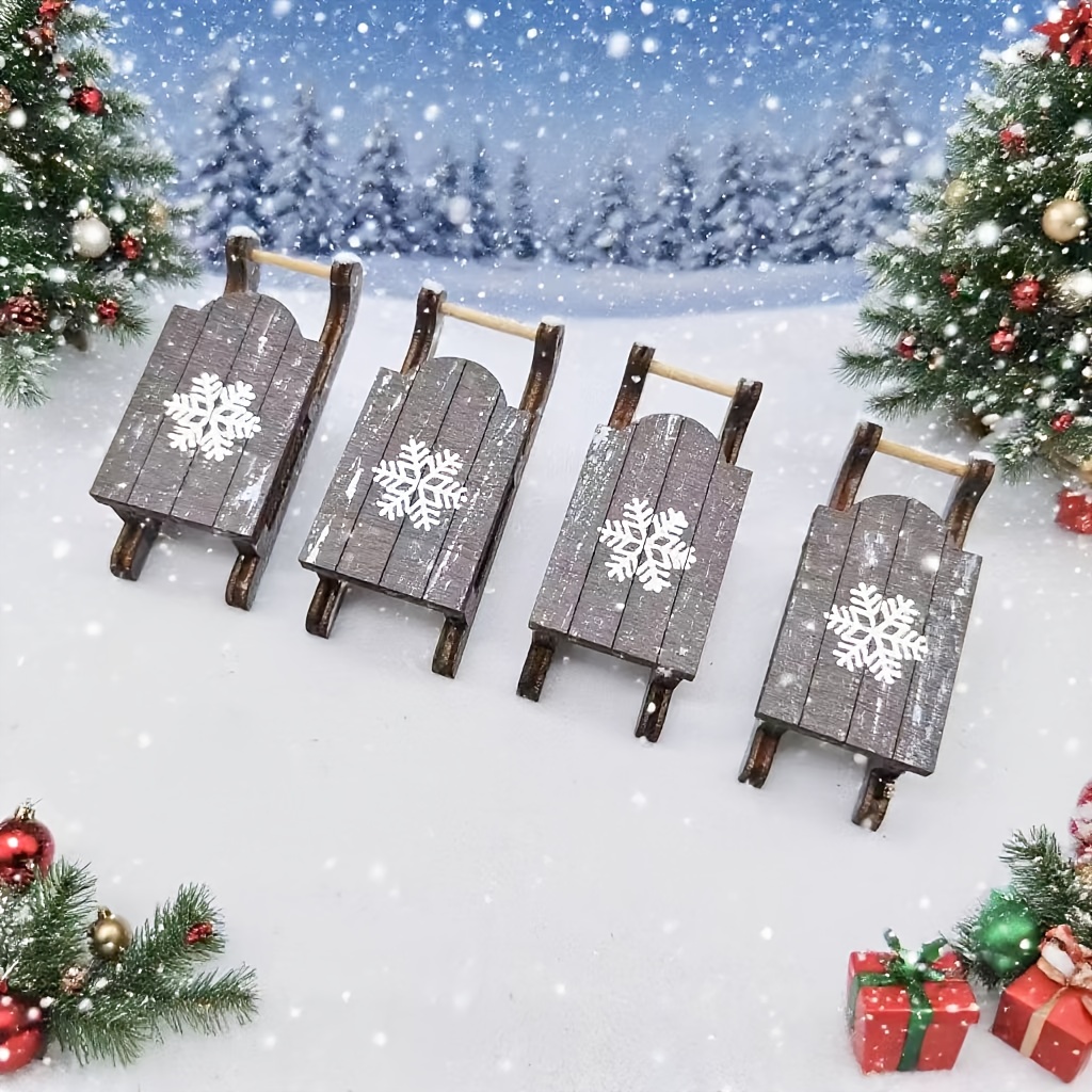 Image of Collectible Figurines, 4pcs Wooden Sleigh Figurines With White Snowflakes - Festive Christmas Decor, Brown Sleighs With Metallic Accents, Ideal For Holiday Tabletop Display, Christmas Decorations