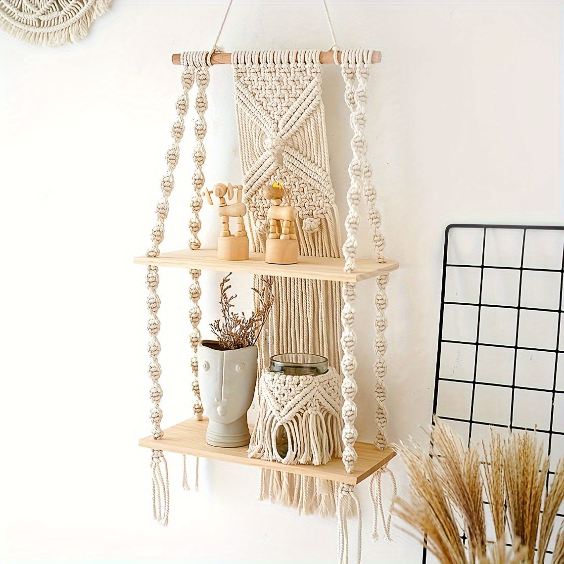 

1pc Bohemian Handmade Macramé Wall Shelf - Rope Hanging Storage With Wooden Plank, Display For Home Decor, Air Plants, Candles & Small Decorative Items, Hanging Decor, Utility Racks