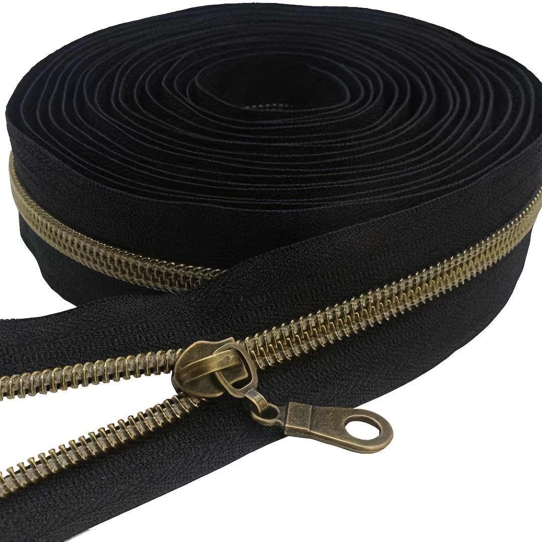 Image of 5 Yards #5 Antique Brass Metallic Nylon Coil Zippers By The Yard Bulk Coil Zipper Roll 5 Yards With 15pcs Pulls For Diy Sewing Craft Bags