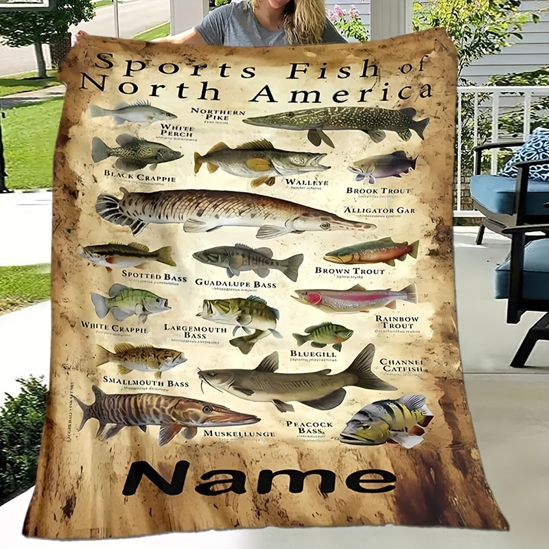 

Customizable Name Personalized Fish Print Fleece Blanket, Soft Warm Lightweight Throw, Contemporary Style, Machine Washable, For Bed, Sofa, Pet, 200-250g Polyester Fabric, , Knitted,