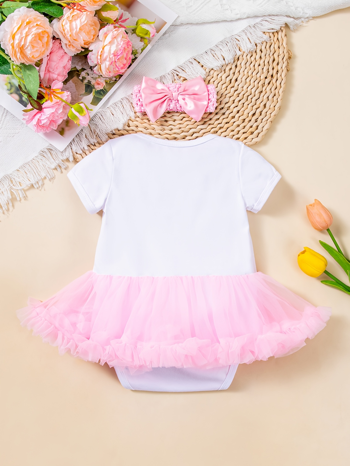 2pcs Set of Baby Girl Half-Year Birthday Dress Newborn Baby Mesh Bag *  Skirt Fashionable Cute Short-Sleeved Princess Skirt Hair Additions Set  Festive ...