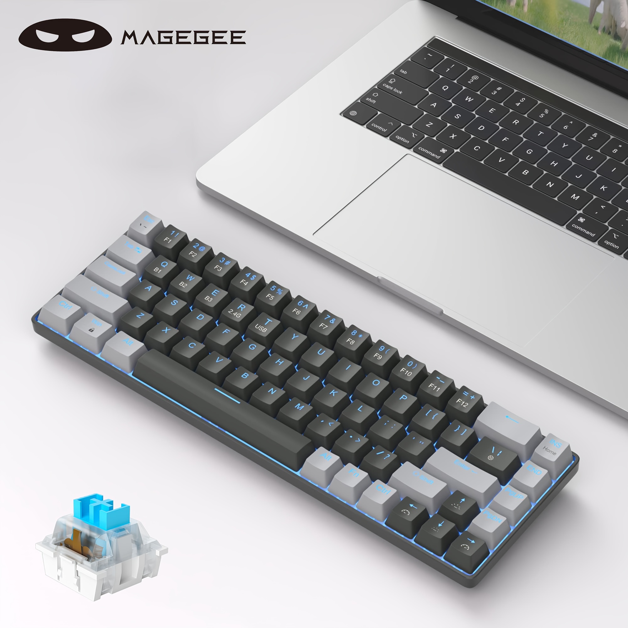 

Magegee 60 Percent Wireless Mechanical Keyboard, 2.4g/bt5.1/usb-c Mini Gaming Keyboard With Blue Switch, 68 Keys Compact Blue Backlit Office Keyboard For Pc Laptop Smartphone, Black/grey