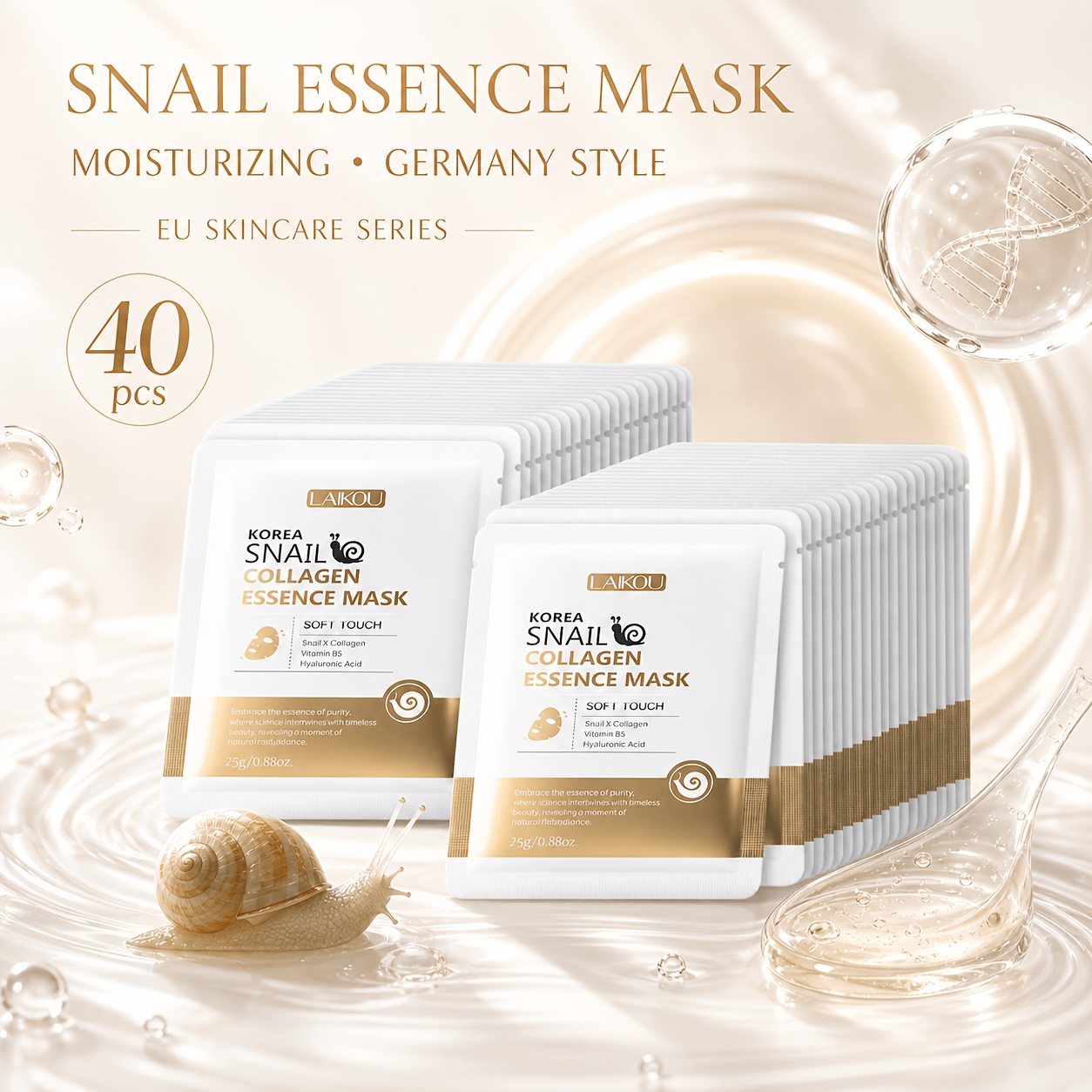40pcs Laikou Snail Collagen Moisturizing Face Mask, And Brightens Skin, Moisturizes And Cares For Skin, Firming Mask, Suitable For Types, A Top For Gifts, Birthday Present