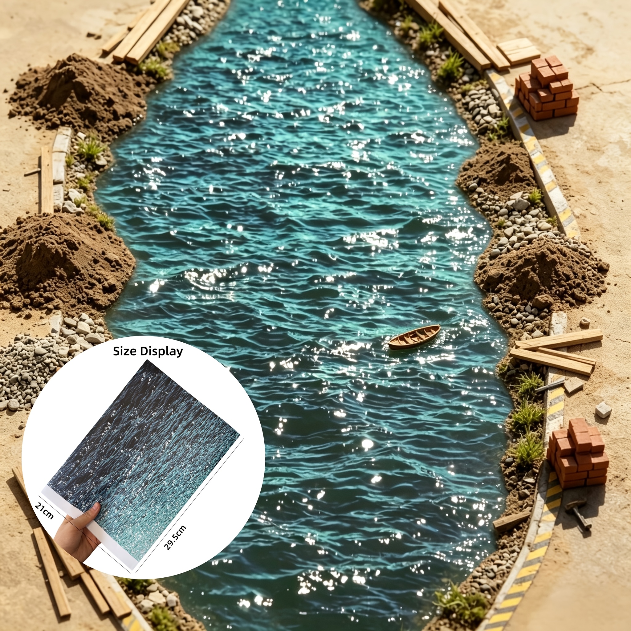 TEMU 1pc Dollhouse Miniature River Flowing Surface Sticker Model, Sand Table Scenery Flat Water Ripple Patch Dollhouse Outdoor Scene Accessory