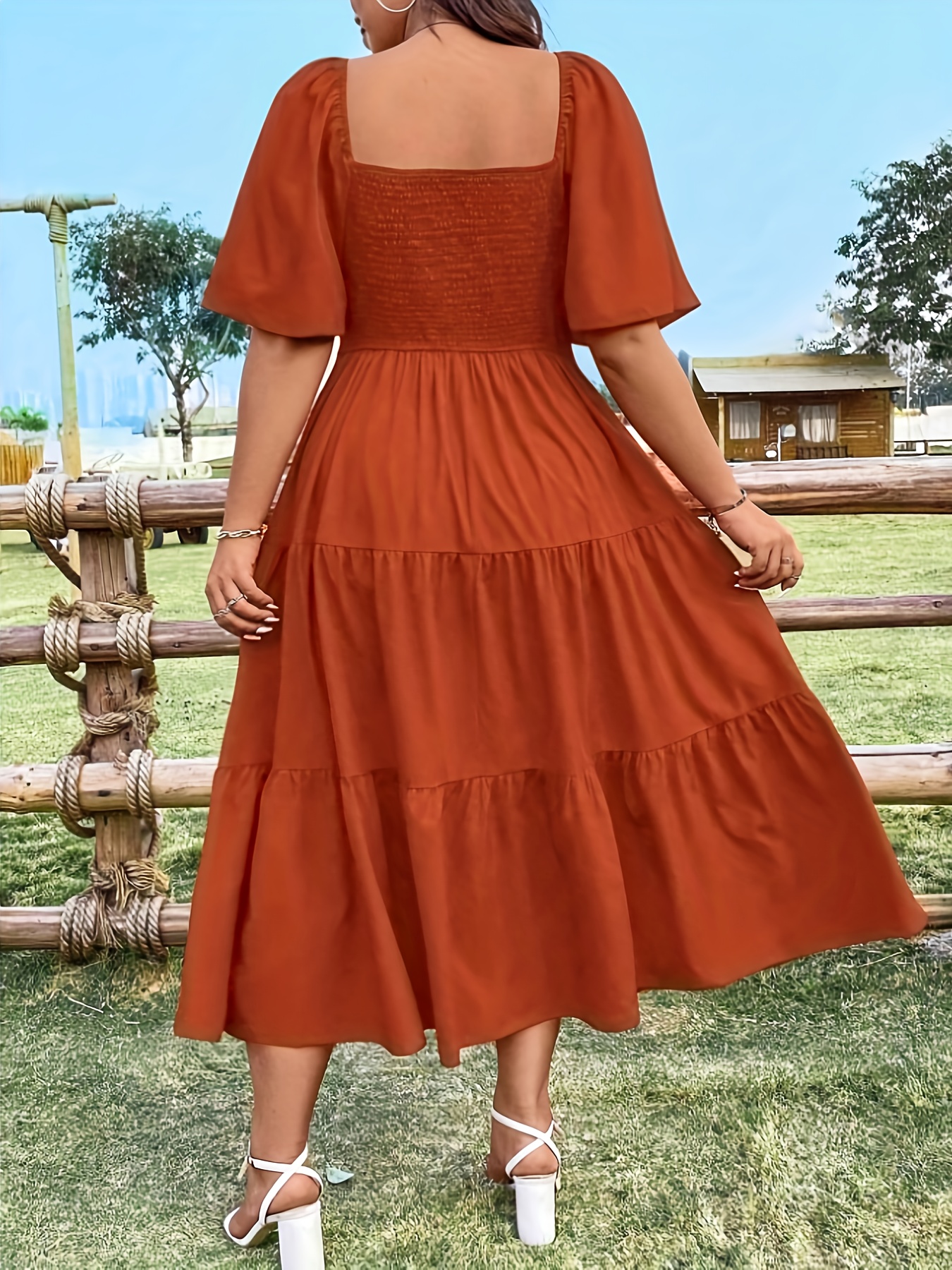 elegante bruine maxi jurk met kant afwerking korte mouw Temu