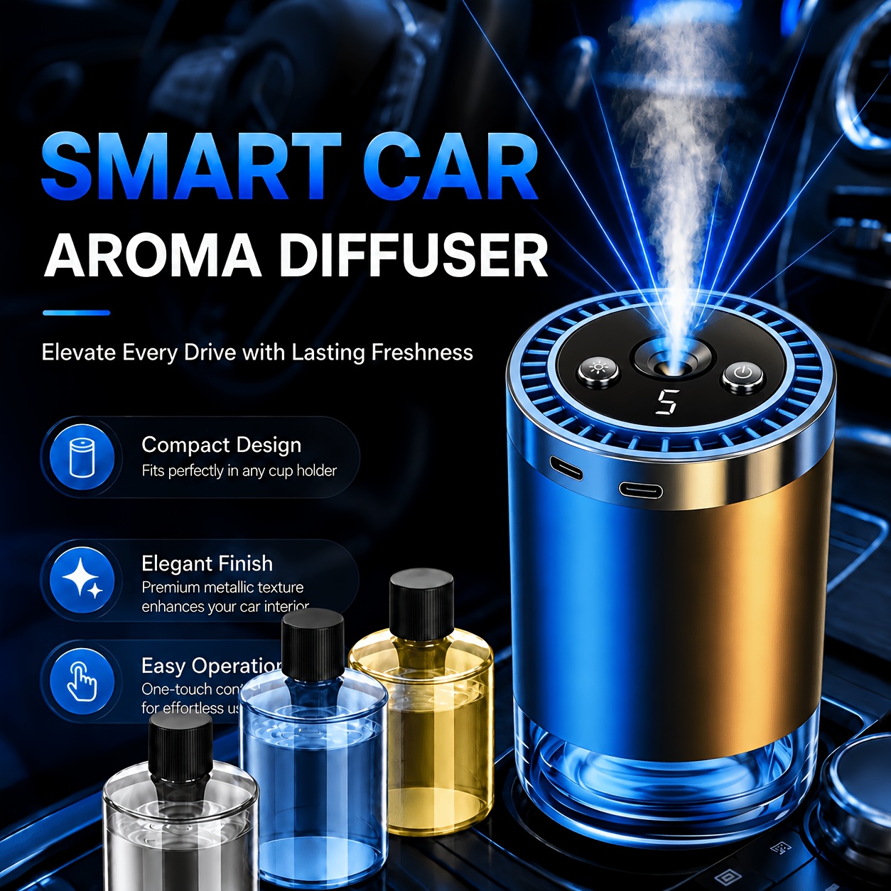 Smart Car Fragrance Diffuser With 3×50ml Ocean Essential Oils, Adjustable Scent Car Air Freshener, Odor Eliminator, Rechargeable Diffuser Gift For