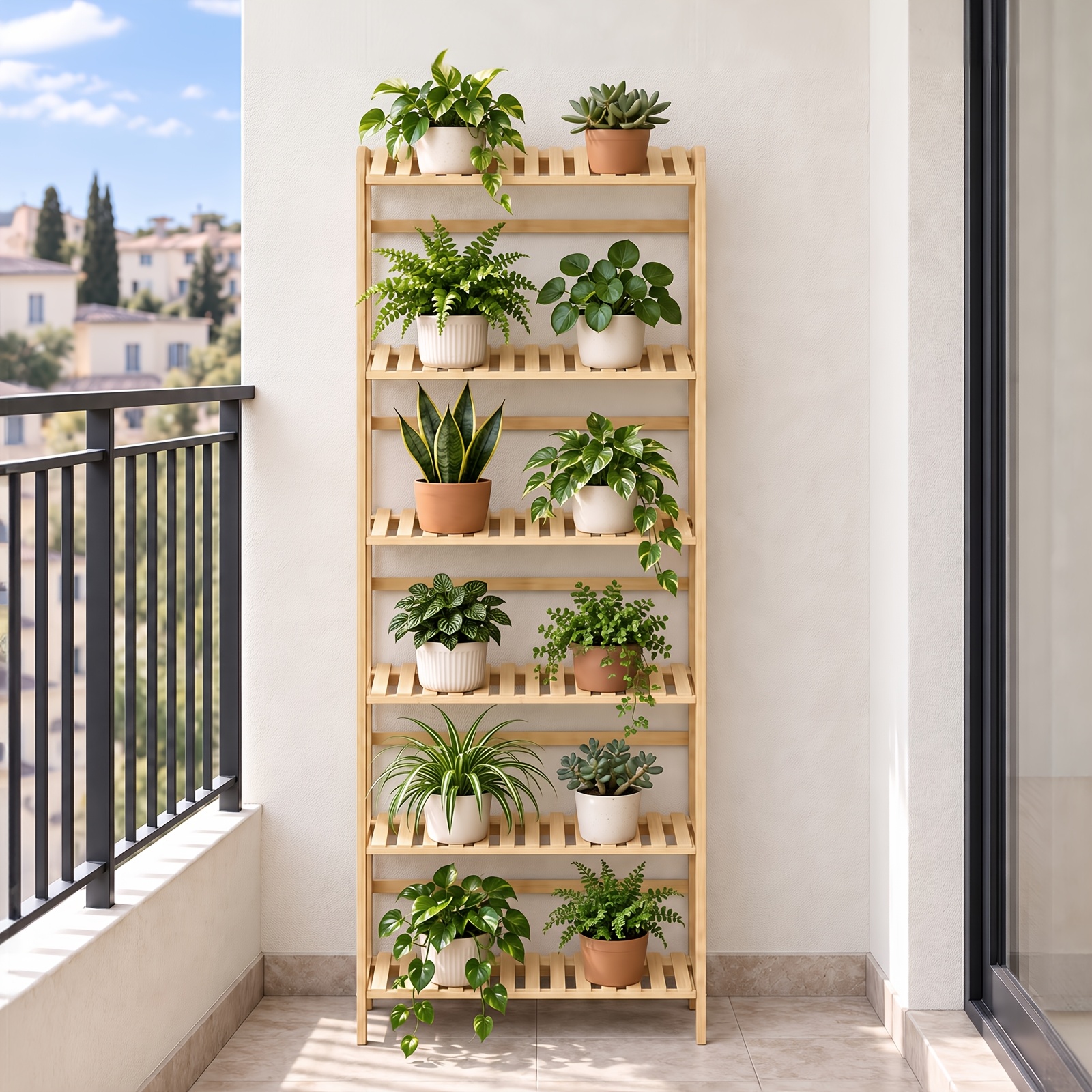 TEMU Étagère à fleurs à 6 niveaux en bois de bambou 50 cm, échelle à plantes, étagère à plantes, bois naturel renforcé et robuste, convient pour