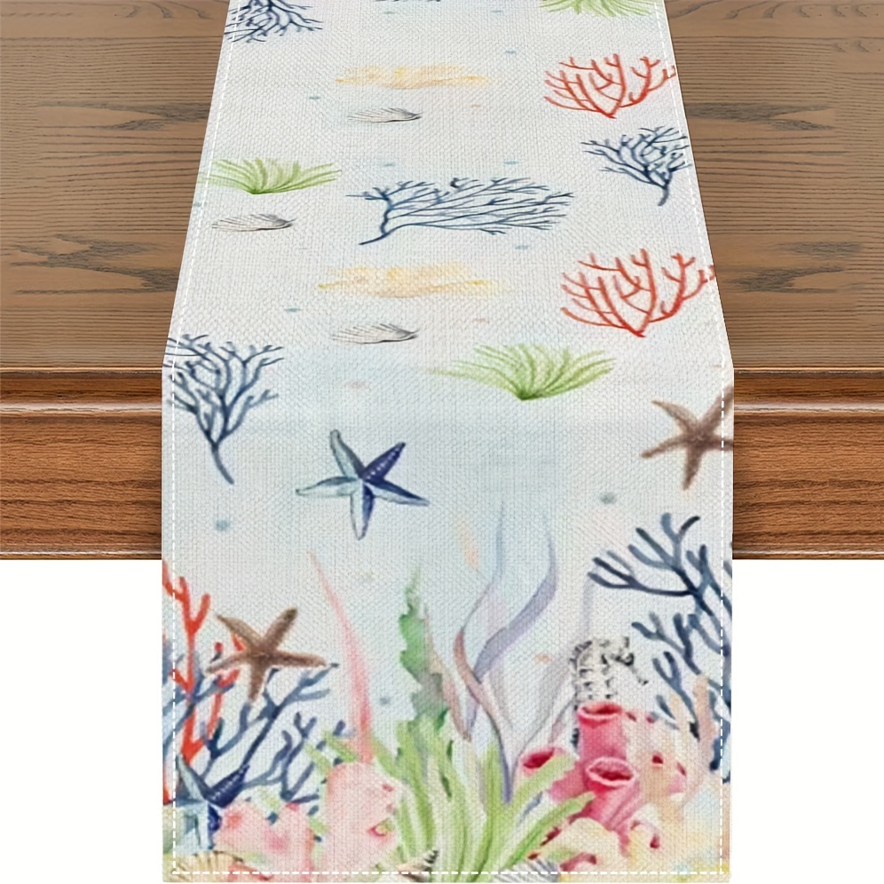 

1pc, Table Runner, Colorful Coral And Starfish Printed Table Runner, Summer Theme Dustproof & Wipe Clean Table Runner, Perfect For Home Party Decor, Dining Table Decoration, Aesthetic Room Decor