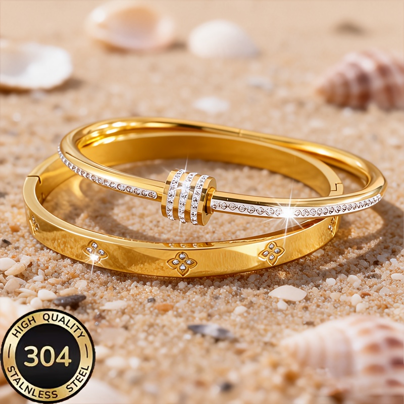 E-shop Damen Armband Set, 304 Edelstahl Layer Stackable Manschettenarmband, mit synthetischen Zirkonia-Steinen graviertem Designmuster, wasserdichter