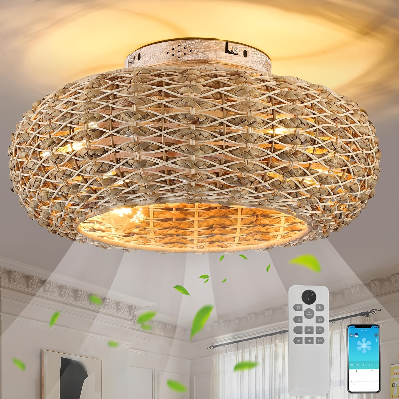 Image of (bulb Not Included) Ceiling Fan With Light And Rattan Weave, E27 Socket, Supports Remote And App Control, 6 Wind Speed Levels, , Timer Function; Suitable For Living Room, Bedroom, And Dining Room