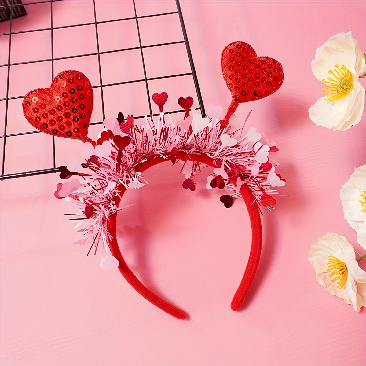 

Valentine's Day Heart Antlers Hairband For Women And Girls - Polyester Knitted Sparkling Glitter Headband, Normal Hair Type, Fashion Hair Accessory For Holiday, Birthday, Christmas, New Year Parties