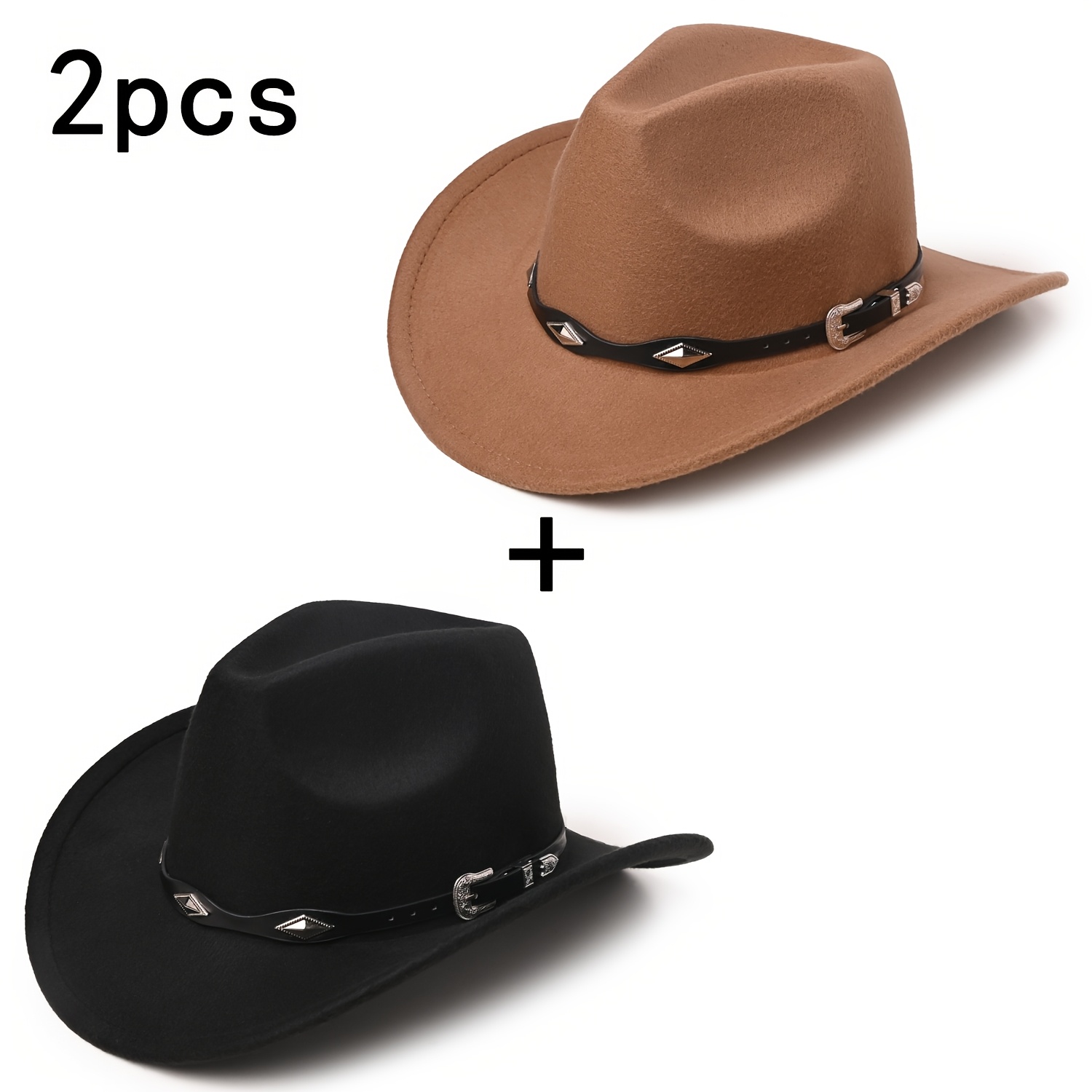 TEMU 2pcs Retro Western-style Unisex Denim Hat, With A Silver Patterned Waistband And Solid Color Felt Hat, Suitable For Outdoor Travel Wear