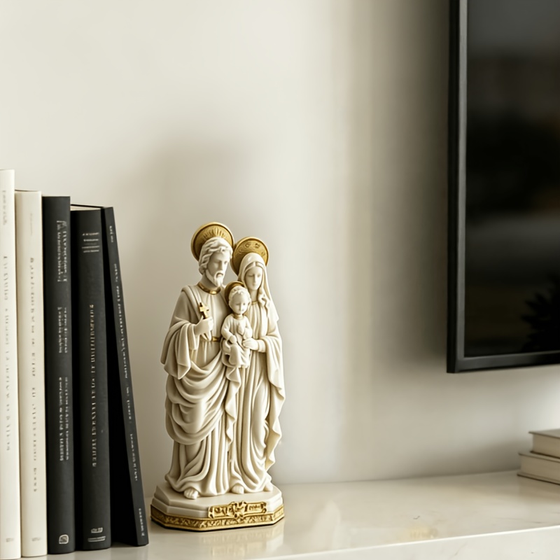 TEMU 1pc Holy Family Religious Resin Statue - Golden-trimmed Vintage Suitable For Home Decor Ornament, / Christian Figurine With Holy Family Figures,