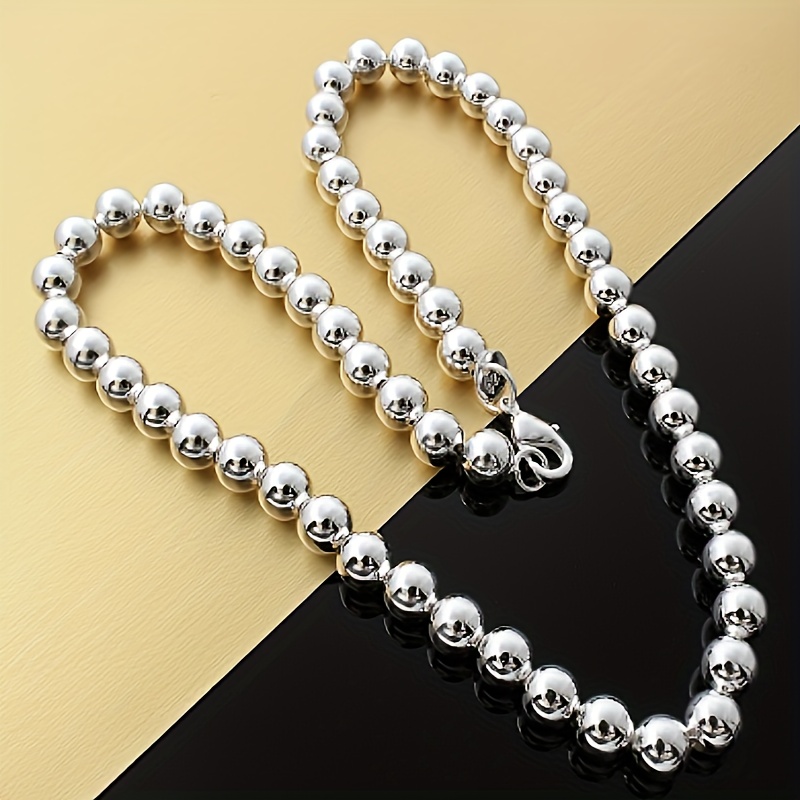 8mm 925 Sterling Silver Bead Necklace, Vintage Boho Style