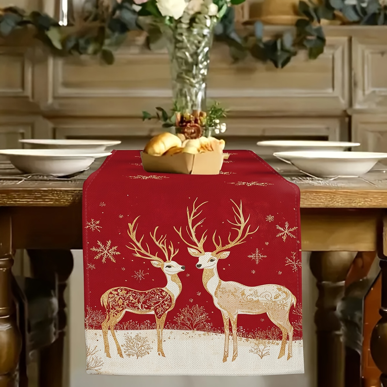 

Golden Elk & Christmas Table Runner - Holiday Decor For Indoor/outdoor Dining, Parties & New Year Celebrations