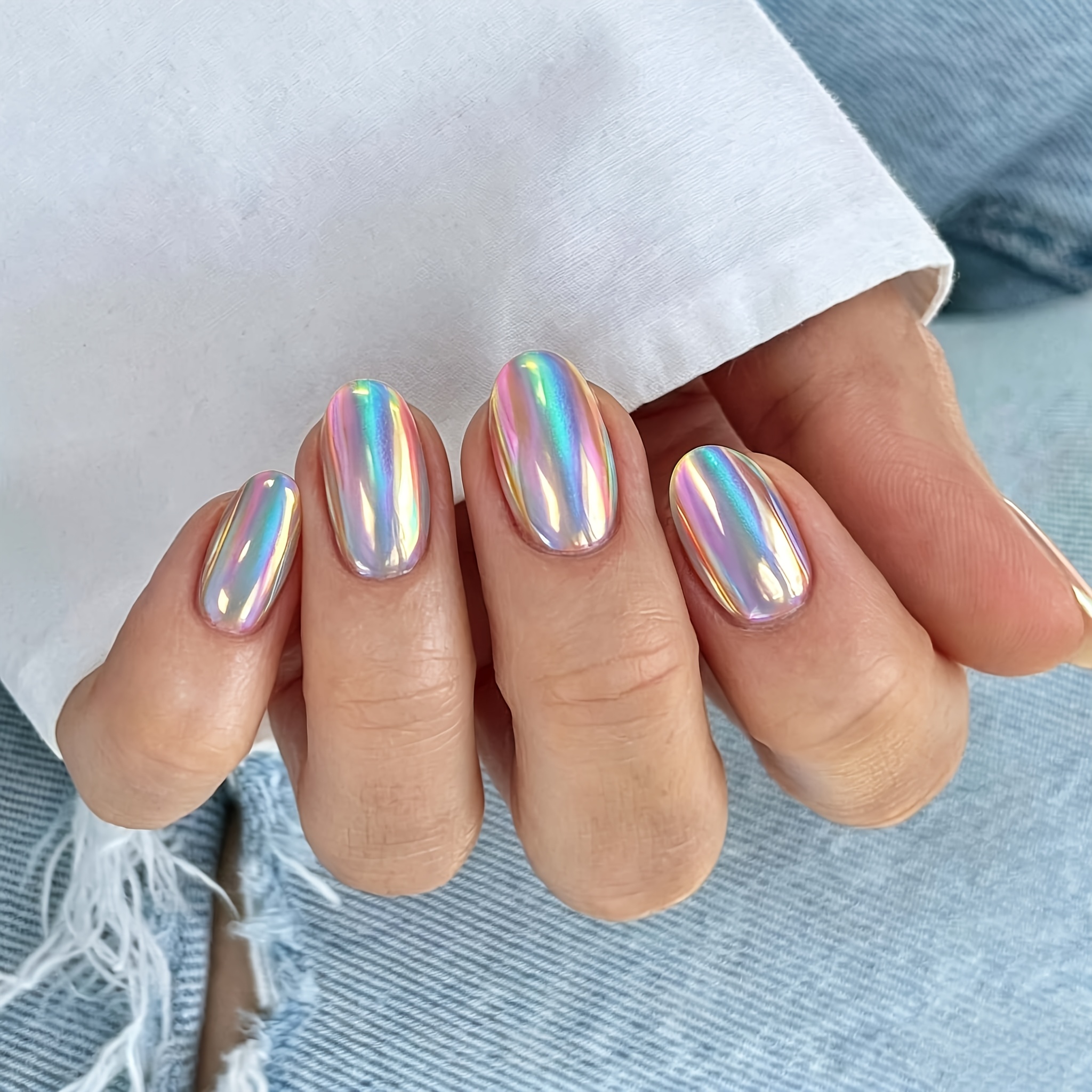 TEMU 30pcs Medium Oval White Iridescent Chrome Press On Nails, Glossy Aurora Electroplate Full Cover Reusable On Fake Acrylic Nails For Ladies Nail