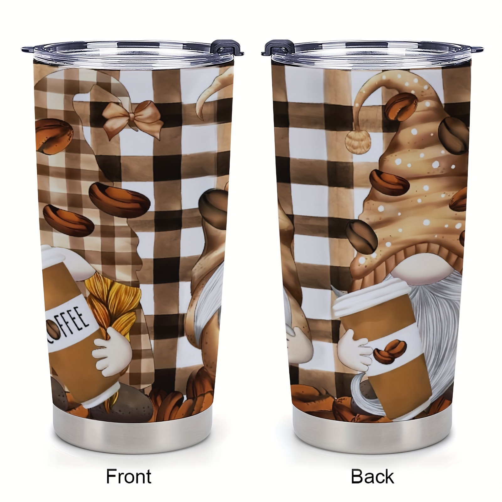 

1pc 20oz Gnomes Love Coffee Buffalo Plaids Tumbler With Lid Coffee Lovers Gift Tumbler Cups Vacuum Insulated Travel Coffee Mugs For Hot & Cold Drinks Coffee