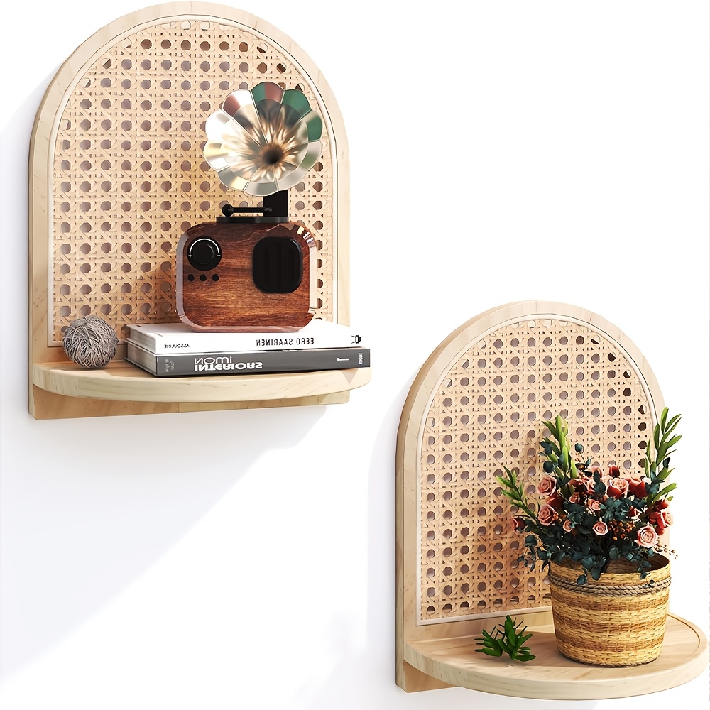1pc Floating Shelf Natural Rattan Shelf with Wicker Trim Bohemian Wall Decor Niche Unique Design, Floating Shelves